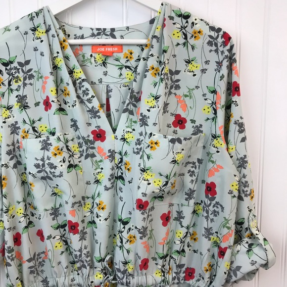 Joe Fresh Green & Red Bright Floral Dress with Roll-Up Sleeves for Spring, SZ L - Picture 4 of 16